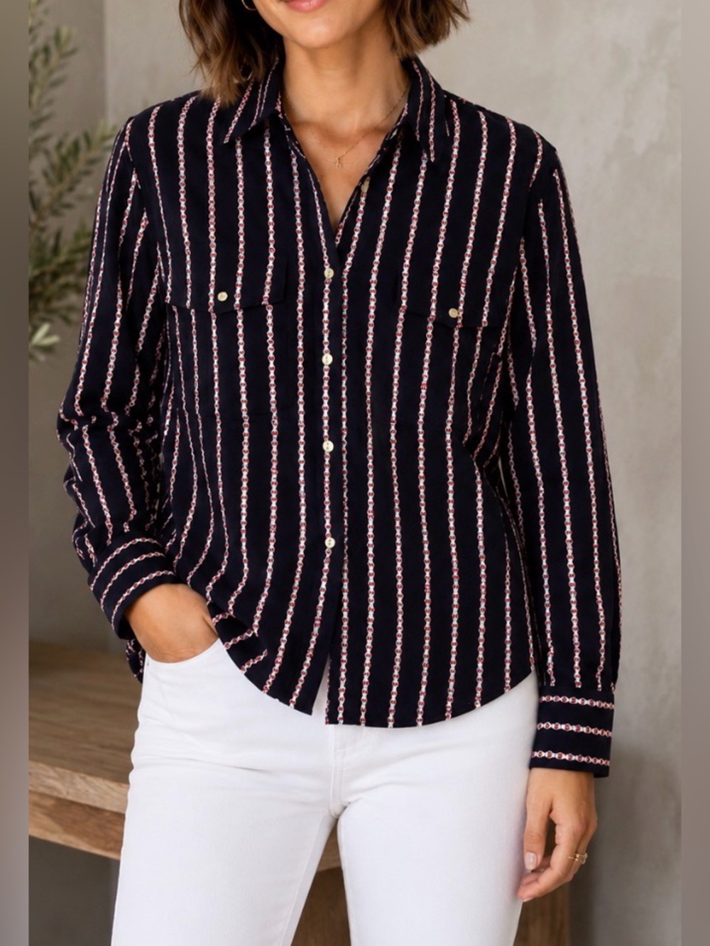 Veronica Beard Blouse 100% Silk Gold Snaps Blue Red Split Back Button Down Top